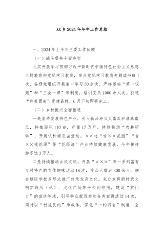 XX乡2024年年中工作总结