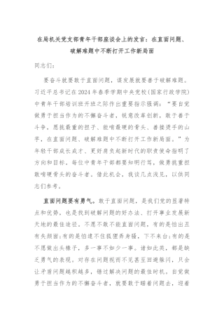 在局机关党支部青年干部座谈会上的发言：在直面问题、破解难题中不断打开工作新局面