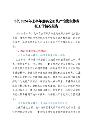 市长2024年上半年落实全面从严治党主体责任工作情况报告