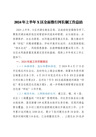 2024年上半年X区全面推行河长制工作总结
