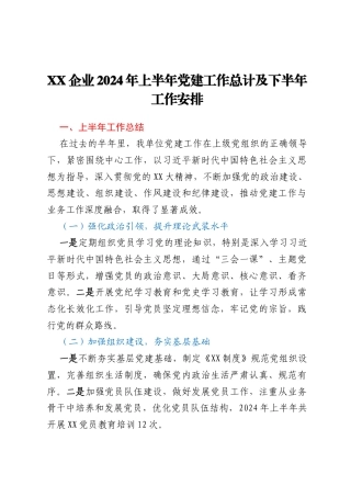 XX企业2024年上半年党建工作总计及下半年工作安排