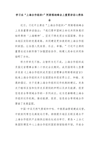 学习在“上海合作组织+”阿斯塔纳峰会上重要讲话心得体会