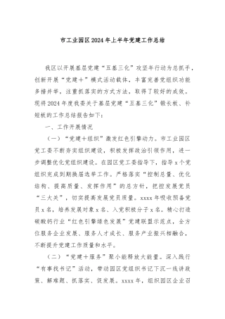 市工业园区2024年上半年党建工作总结