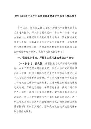 党支部2024年上半年落实党风廉政建设主体责任情况报告
