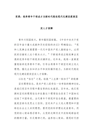 党课：培养青年干部成才为新时代税收现代化建设提高坚实人才保障