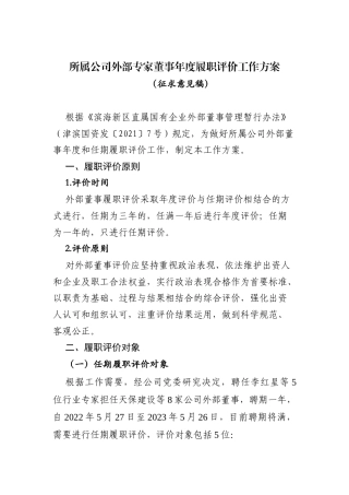 所属公司外部专家董事年度履职评价工作方案（征求意见稿）