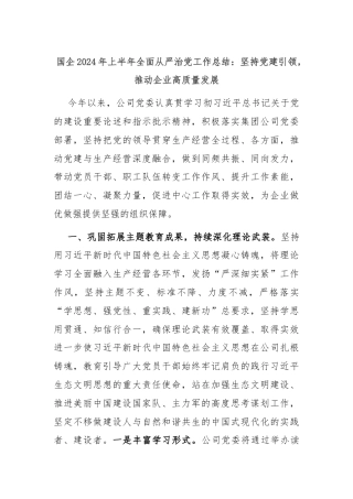 国企2024年上半年全面从严治党工作总结：坚持党建引领，推动企业高质量发展