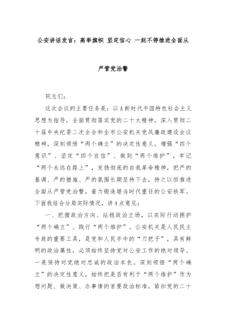 公安讲话发言：高举旗帜 坚定信心 一刻不停推进全面从严管党治警