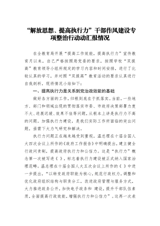 “解放思想、提高执行力”干部作风建设专项整治行动动汇报情况