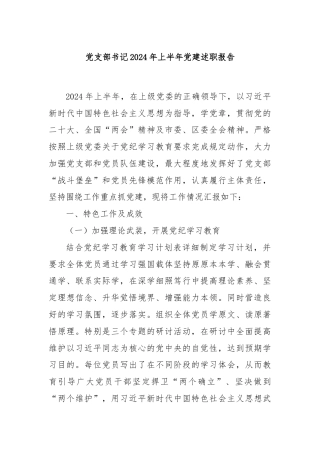 党支部书记2024年上半年党建述职报告