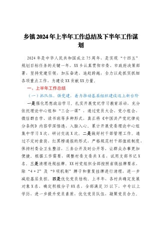 乡镇2024年上半年工作总结及下半年工作谋划