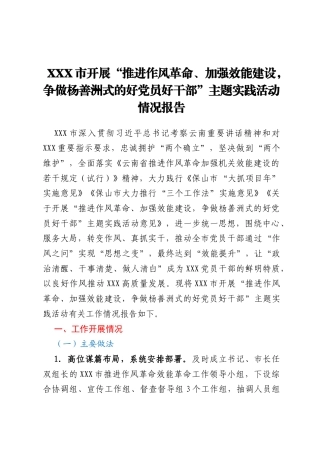 XXX市开展“推进作风革命、加强效能建设，争做杨善洲式的好党员好干部”主题实践活动情况报告