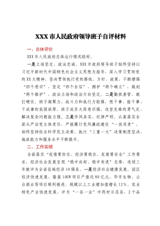 XXX市人民政府领导班子自评材料