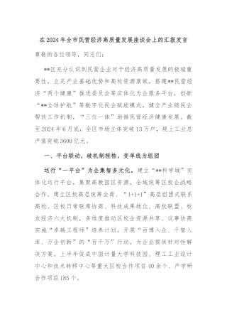 在2024年全市民营经济高质量发展座谈会上的汇报发言