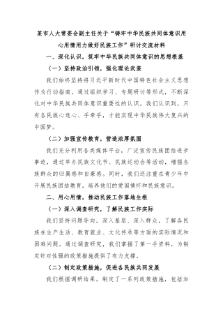 某市人大常委会副主任关于“铸牢中华民族共同体意识用心用情用力做好民族工作”研讨交流材料