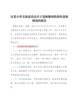 区某小学支部委员会关于巡察整改阶段性进展情况的报告