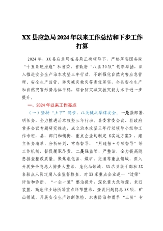 XX县应急局2024年以来工作总结和下步工作打算
