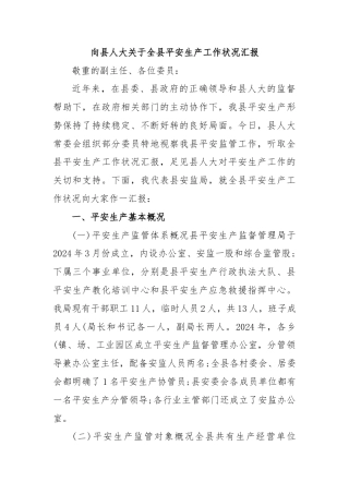 向县人大关于全县平安生产工作状况汇报