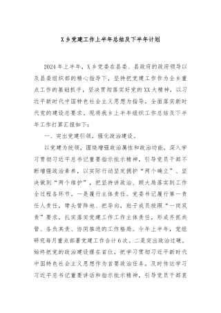 X乡党建工作上半年总结及下半年计划