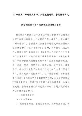 XX市开展“推进作风革命、加强效能建设，争做杨善洲式的好党员好干部”主题实践活动情况报告