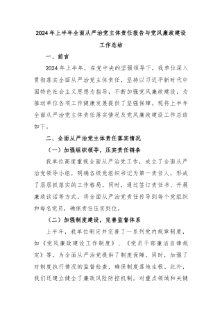 2024年上半年全面从严治党主体责任报告与党风廉政建设工作总结