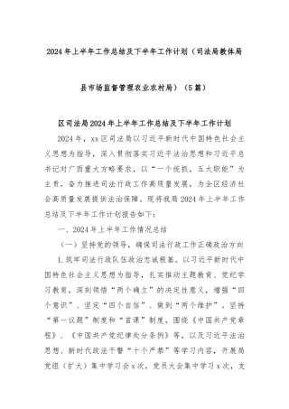 (5篇)2024年上半年工作总结及下半年工作计划（司法局教体局县市场监督管理农业农村局）