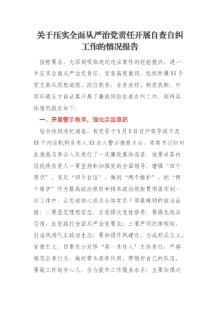 关于压实全面从严治党责任开展自查自纠工作的情况报告