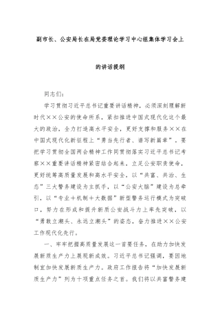 副市长、公安局长在局党委理论学习中心组集体学习会上的讲话提纲