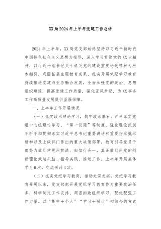XX局2024年上半年党建工作总结