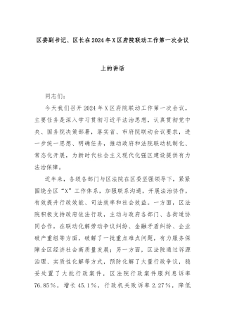 区委副书记、区长在2024年X区府院联动工作第一次会议上的讲话