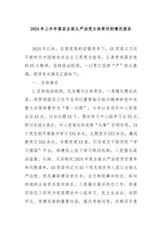 2024年上半年落实全面从严治党主体责任的情况报告