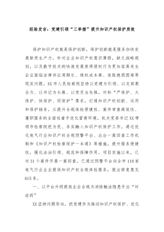 经验发言：党建引领“三举措”提升知识产权保护质效
