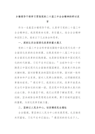 乡镇领导干部学习贯彻党的二十届三中全会精神的研讨发言
