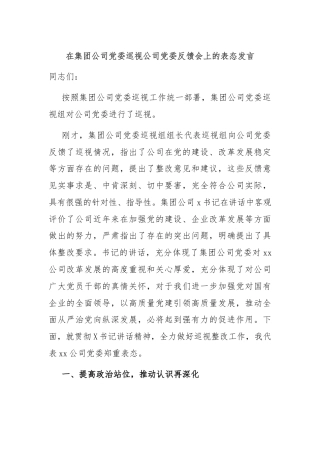 在集团公司党委巡视公司党委反馈会上的表态发言