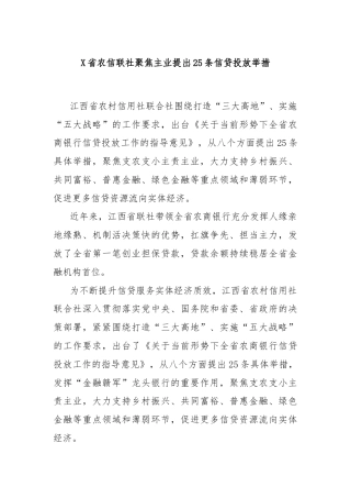 X省农信联社聚焦主业提出25条信贷投放举措