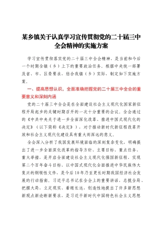 某乡镇关于认真学习宣传贯彻党的二十届三中全会精神的实施方案