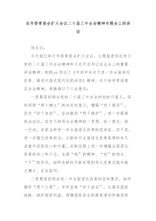 在市委常委会扩大会议二十届三中全会精神专题会上的讲话