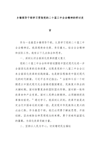 乡镇领导干部学习贯彻党的二十届三 中全会精神的研讨发言