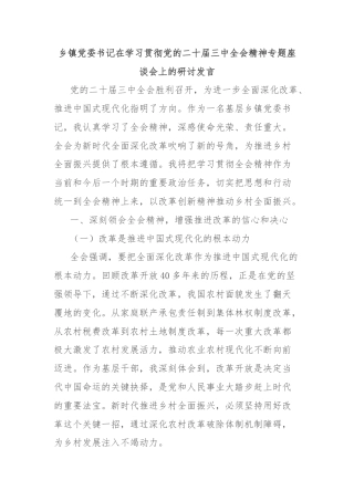 乡镇党委书记在学习贯彻党的二十届三中全会精神专题座谈会上的研讨发言