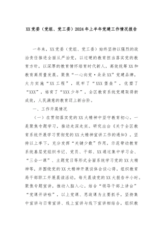 XX党委（党组、党工委）2024年上半年党建工作情况报告