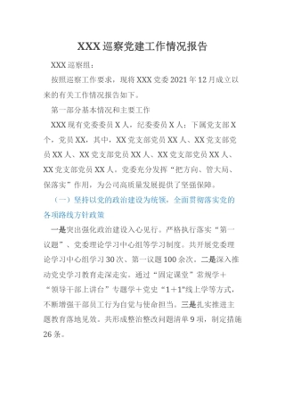 XXX巡察党建工作情况报告