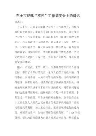 在全市能耗“双控”工作调度会上的讲话
