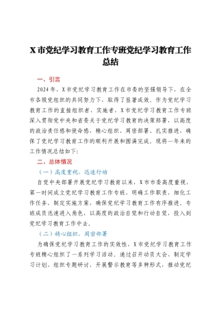 X市党纪学习教育工作专班党纪学习教育工作总结