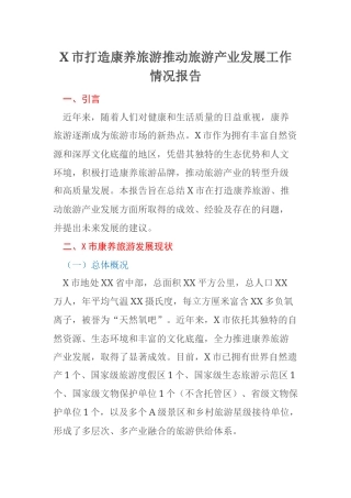X市打造康养旅游推动旅游产业发展工作情况报告