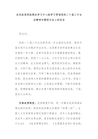 在民政局党组理论学习中心组学习贯彻党的二十届三中全会精神专题研讨会上的发言