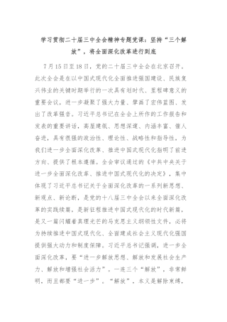 学习贯彻二十届三中全会精神专题党课：坚持“三个解放”，将全面深化改革进行到底