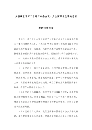 乡镇镇长学习二十届三中全会进一步全面深化改革的总目标的心得体会