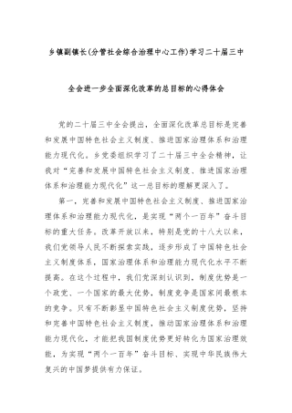 乡镇副镇长(分管社会综合治理中心工作)学习二十届三中全会进一步全面深化改革的总目标的心得体会