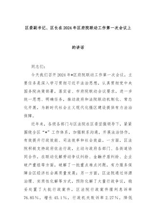 区委副书记、区长在2024年区府院联动工作第一次会议上的讲话