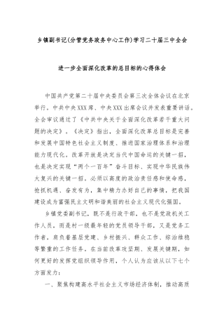 乡镇副书记(分管党务政务中心工作)学习二十届三中全会进一步全面深化改革的总目标的心得体会